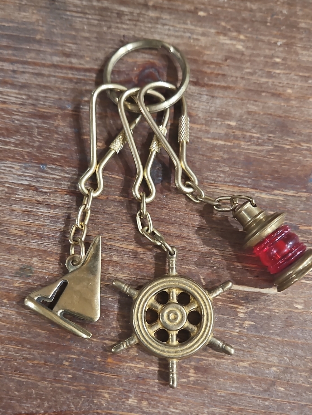 3 Brass Nautical  Charm Keychain Set Or Bag Charm Gold and Red